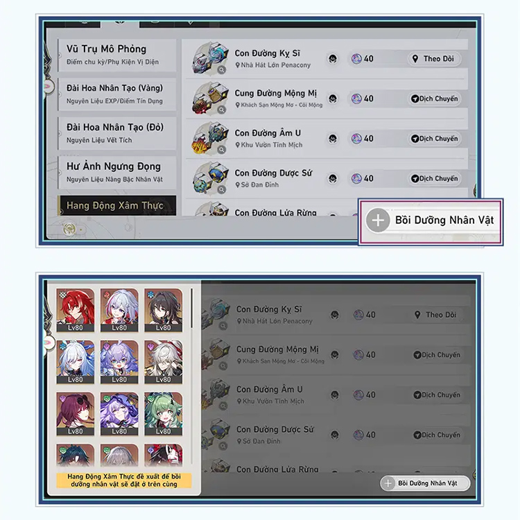 có thể nhấn nút Bồi Dưỡng Nhân Vật ở góc dưới phải